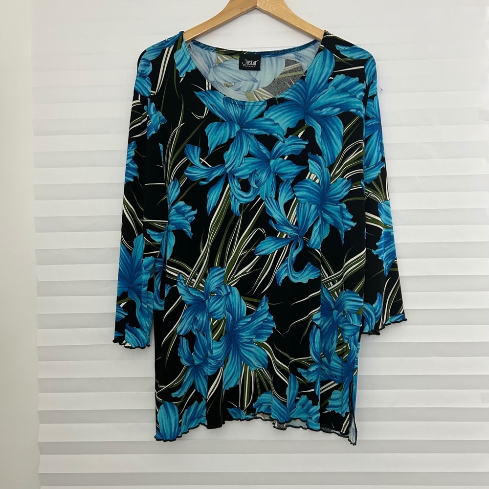 Jostar Women Blue Floral Orchid Print 3/4 Sleeve Lettuce Edge‎ Top Black Large